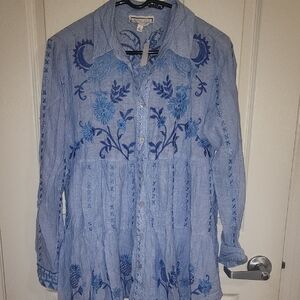 Johnny Was Blue Embroidered Button Down Shirt